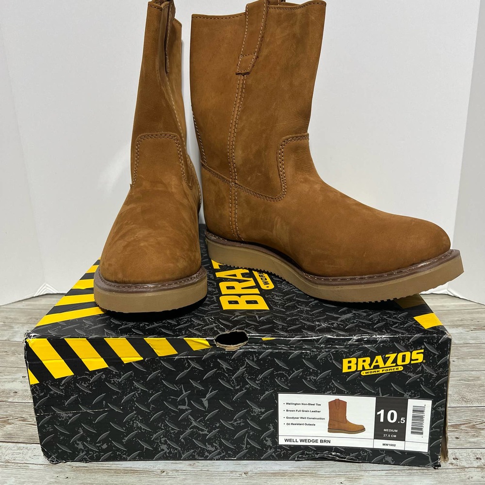 NEW NIB BRAZOS Men's Work Boots Size 10.5 Brown Work Force Well Wedge Leather